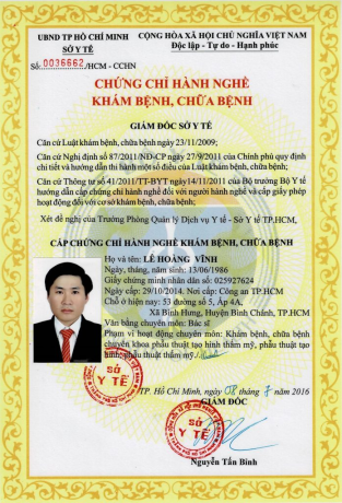 Chứng chỉ hành nghề khám bệnh, chữa bệnh chuyên khoa phẫu thuật tạo hình thẩm mỹ của bác sĩ Lê Hoàng Vĩnh – do Sở Y tế TP.HCM cấp
