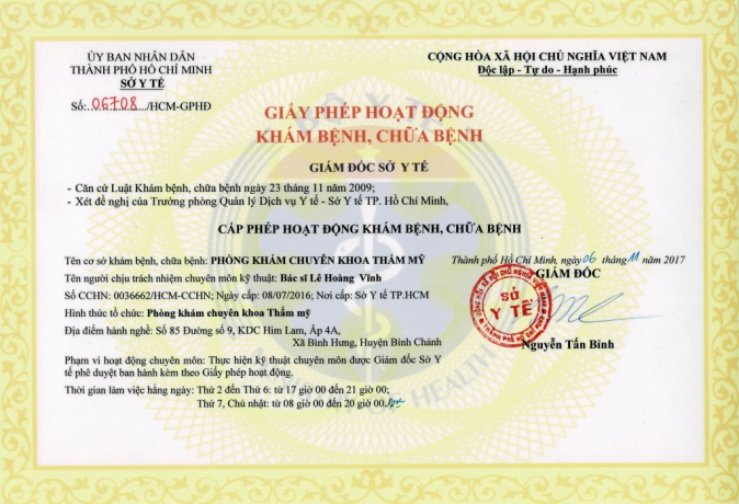 Phòng Khám Chuyên Khoa Thẩm Mỹ có giấy phép hoạt động minh bạch